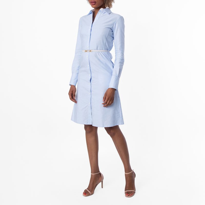 Casual Belted Cotton Shirt Dress_Light Blue