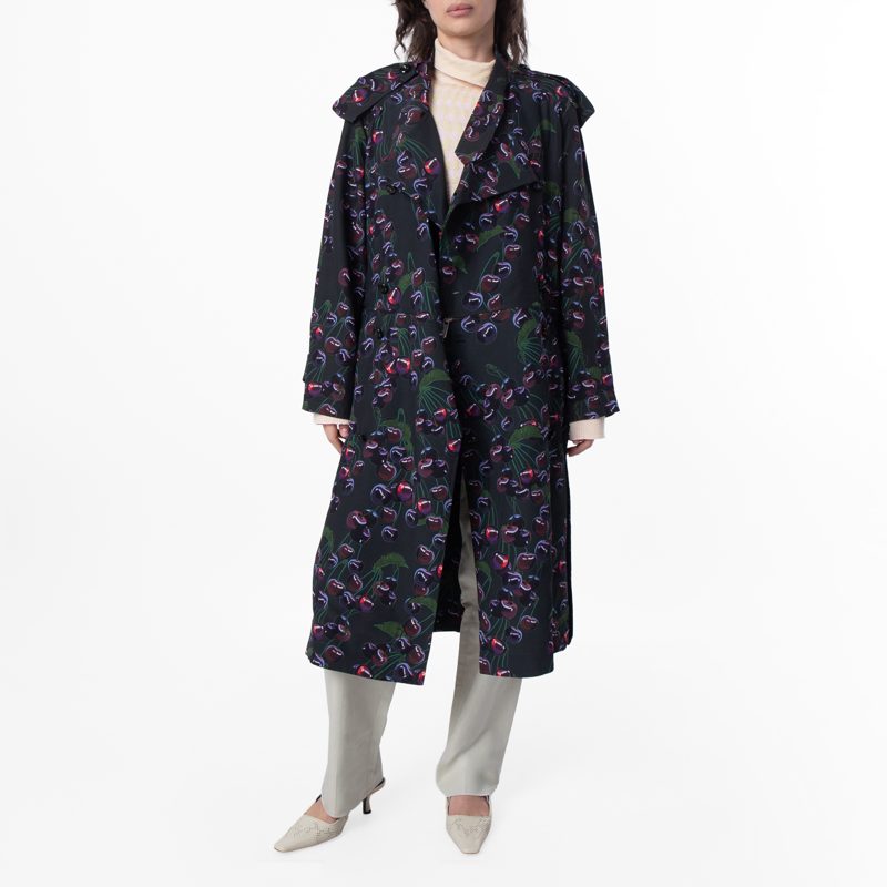 Cherry Print Belted Trench Coat_Vine Ip Pattern