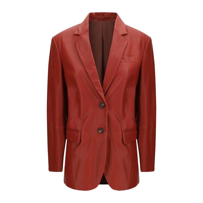 Brunello Cucinelli Brick Leather Tailored Blazer_Brown