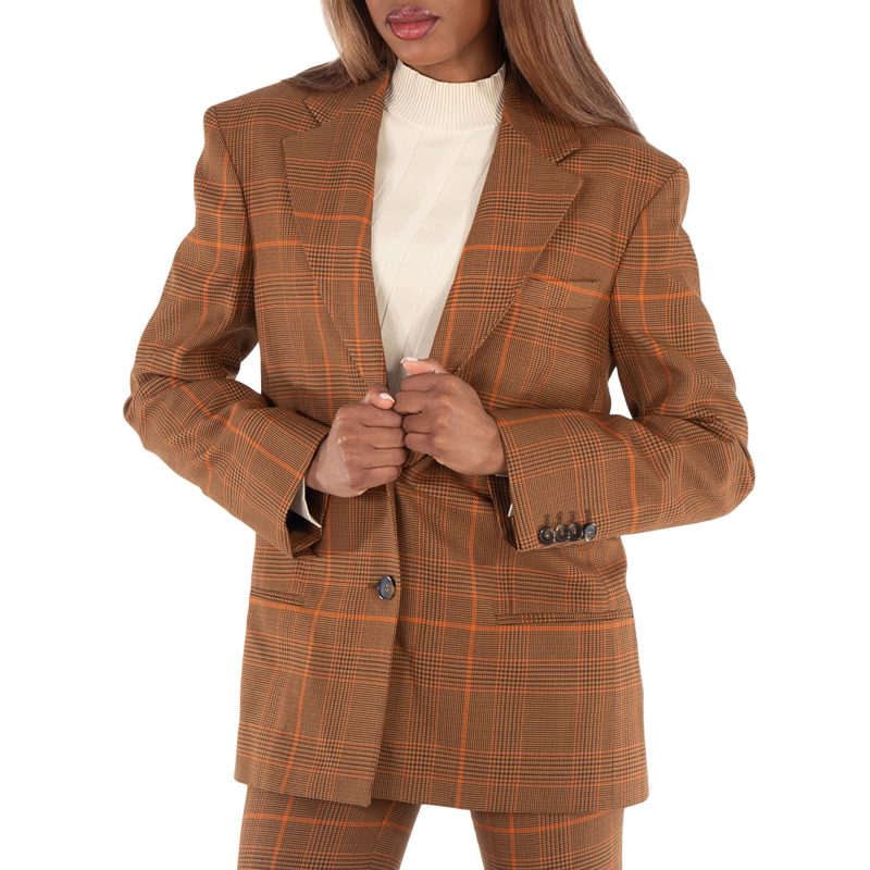 Ladies Brown Checked Single-Breasted Blazer_Brown