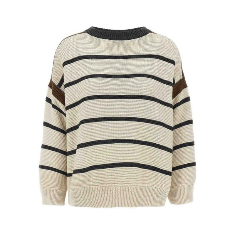 Brunello Cucinelli Womens Beige Striped Cotton Sweater_Multi-Color