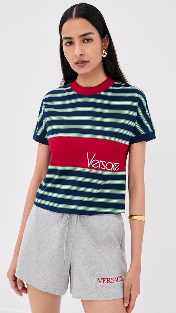 Striped Cotton Jersey with Intarsia Jersey_Ink/Grass Green/White