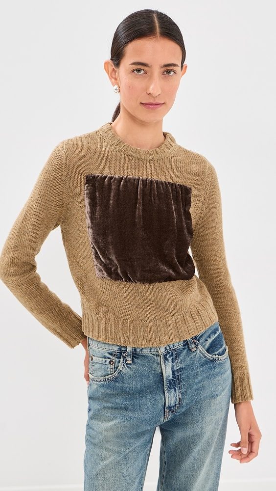 Velvet Patch Crew Sweater_Mustard / Brown
