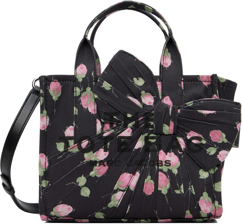 Black Vintage Floral Canvas Oversized Bow Small Tote 262190F049031