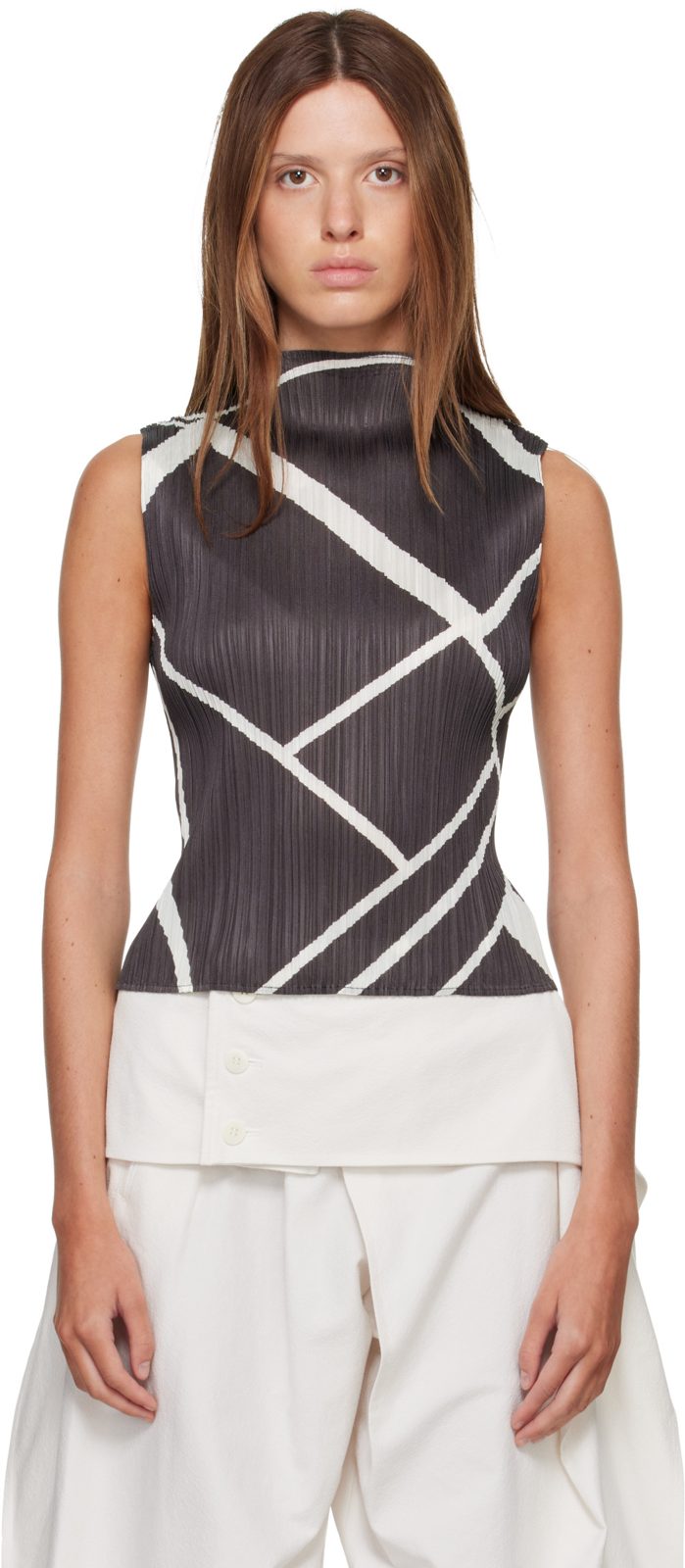 PLEATS PLEASE [이세이 미야케] Gray & White Fold Line Top 262941F111031