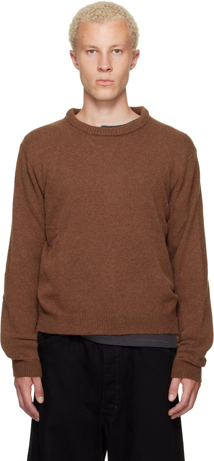 Brown Crew-Neck Alpaca Wool Blend Sweater 262646M201003