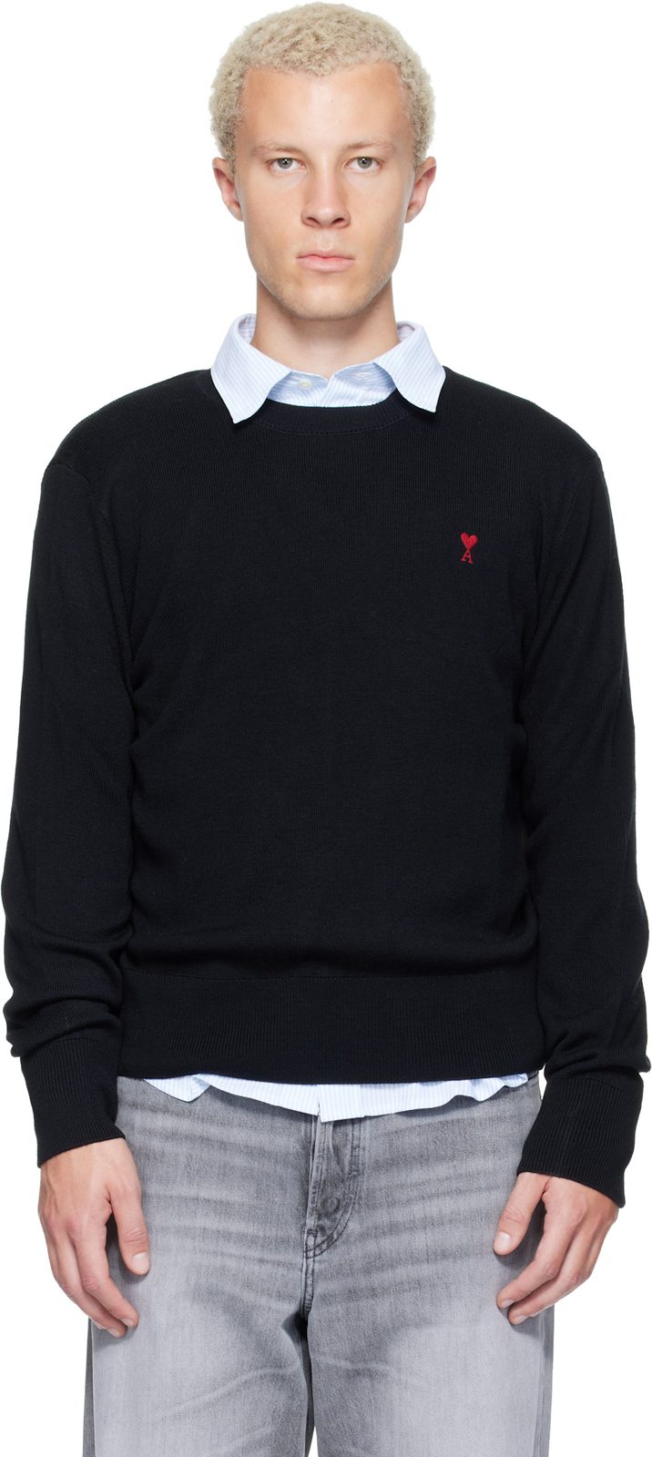 Black Crewneck Wool Ami de Coeur Sweater 262482M201004