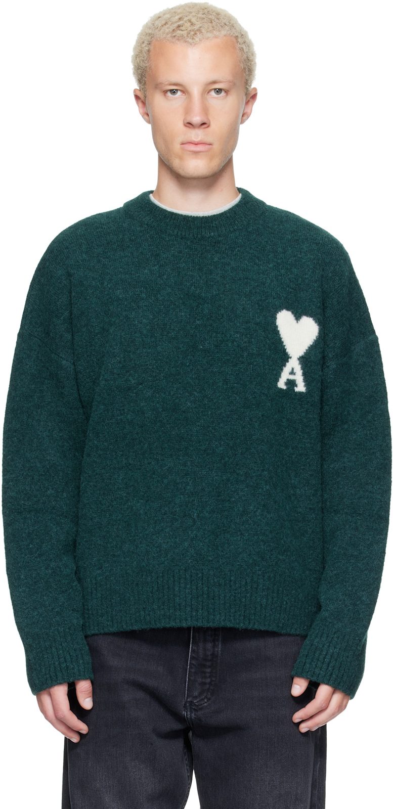 Green Crewneck Alpaca Ami de Coeur Sweater 262482M201006