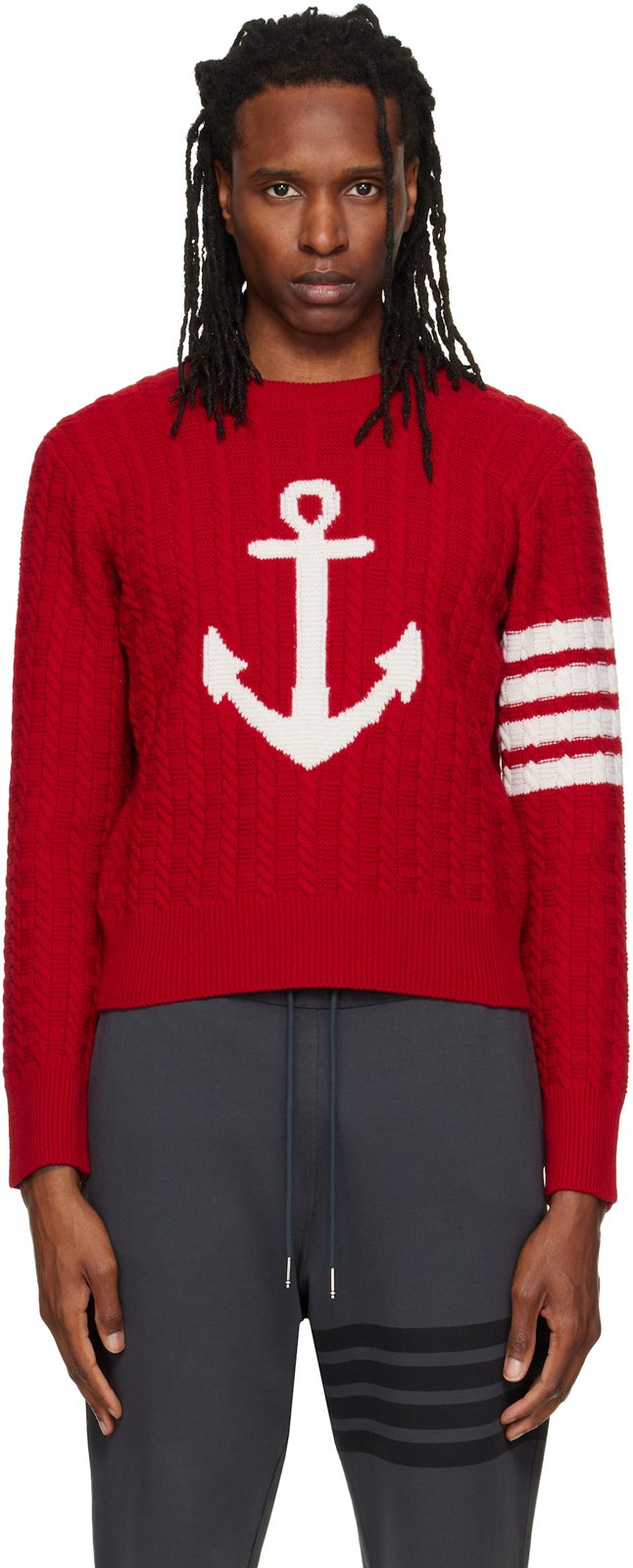 Red Merino Wool 4-Bar Intarsia Anchor Sweater 262381M201006
