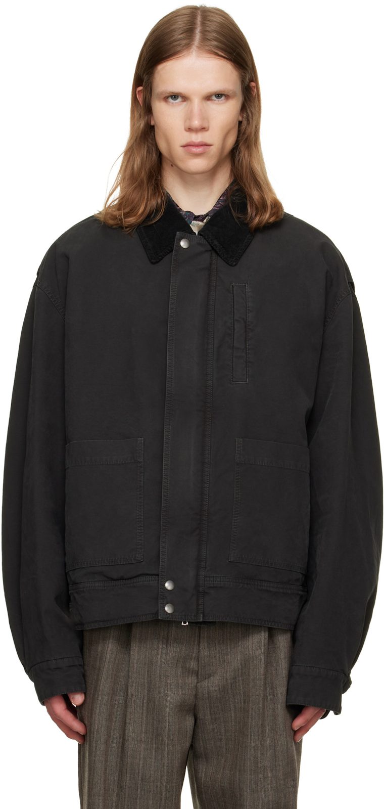 Gray Contrast Collar Jacket 262358M180011