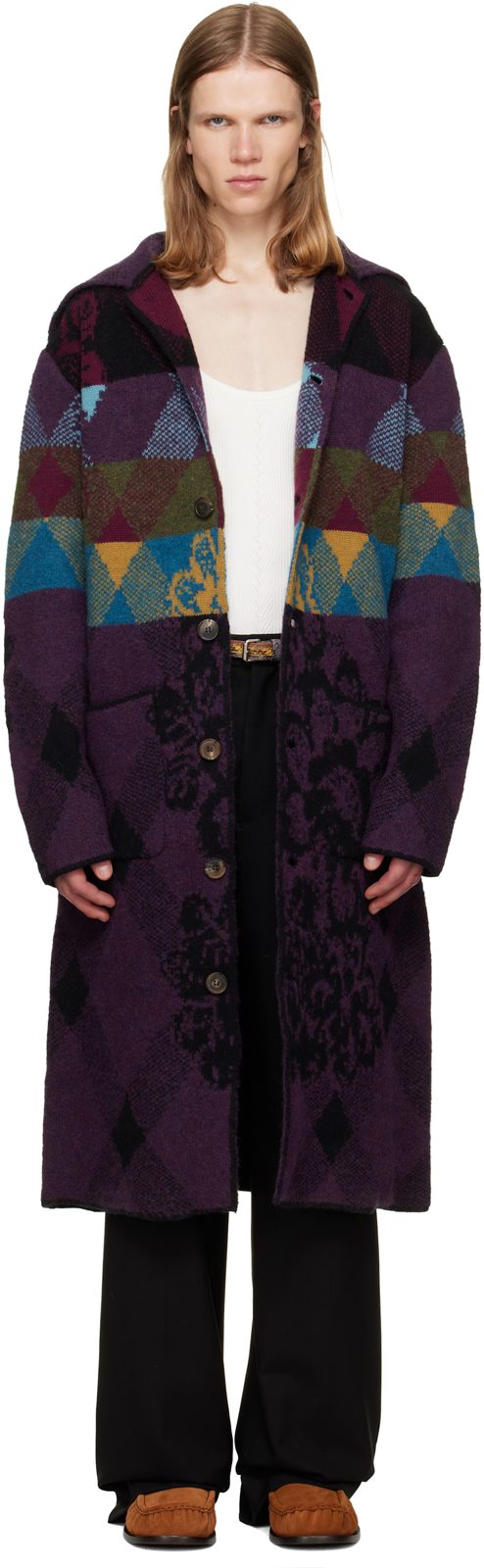 Purple Patchwork Wool Cardigan Coat 262358M200003