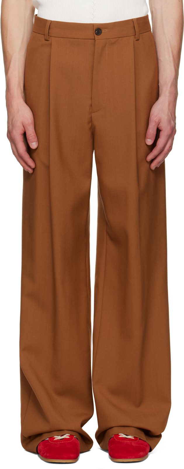 Tan Pleated Wool Trousers 262358M191030