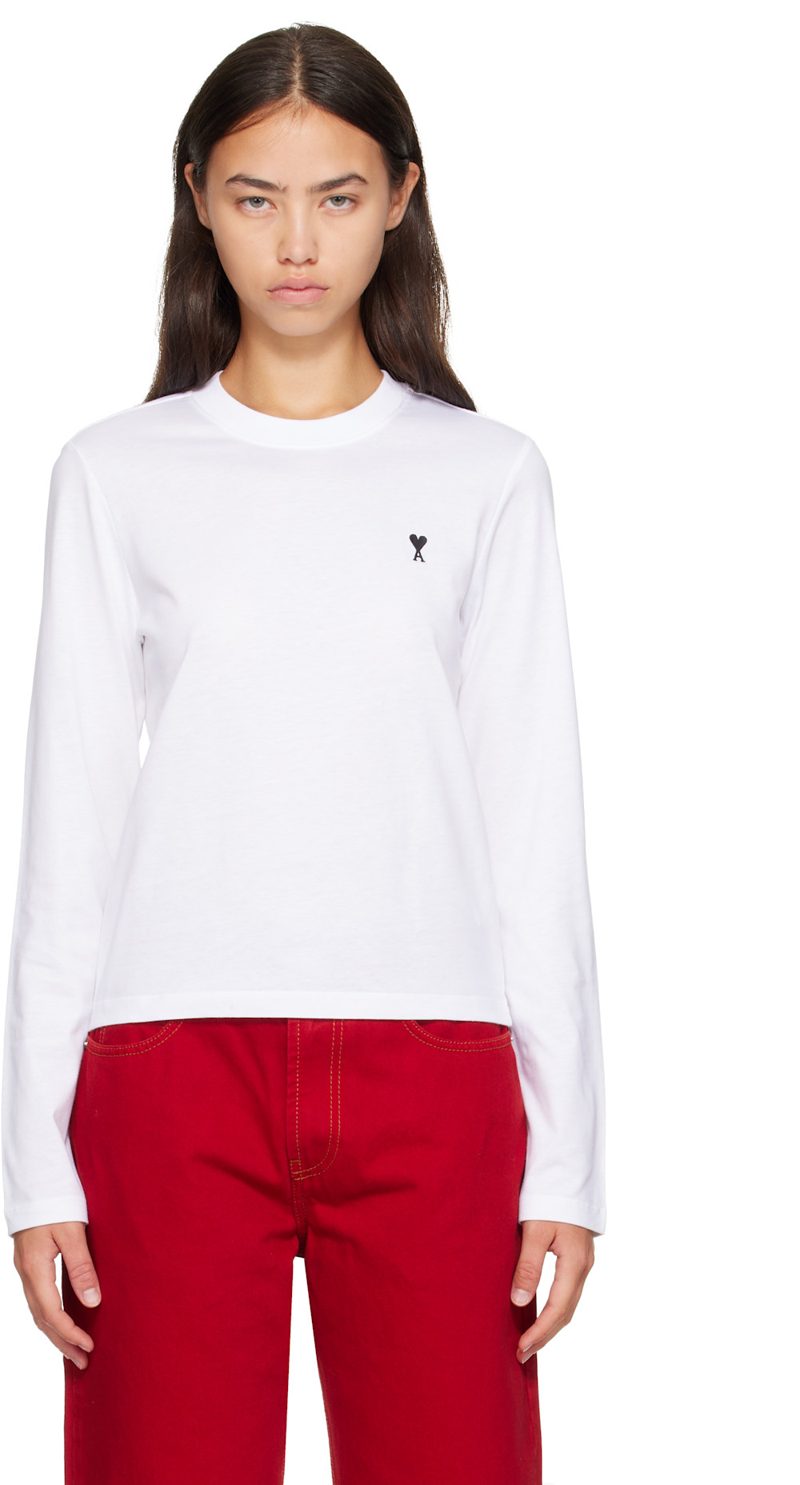White Cotton Longsleeves Ami de Coeur T-shirt 262482F110007