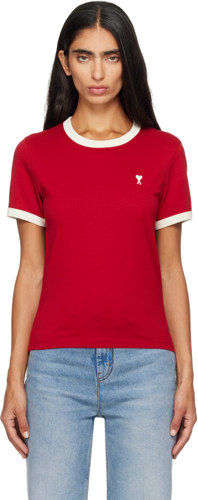 Red Ami De Coeur Contrasted Cotton T-shirt 262482F110002