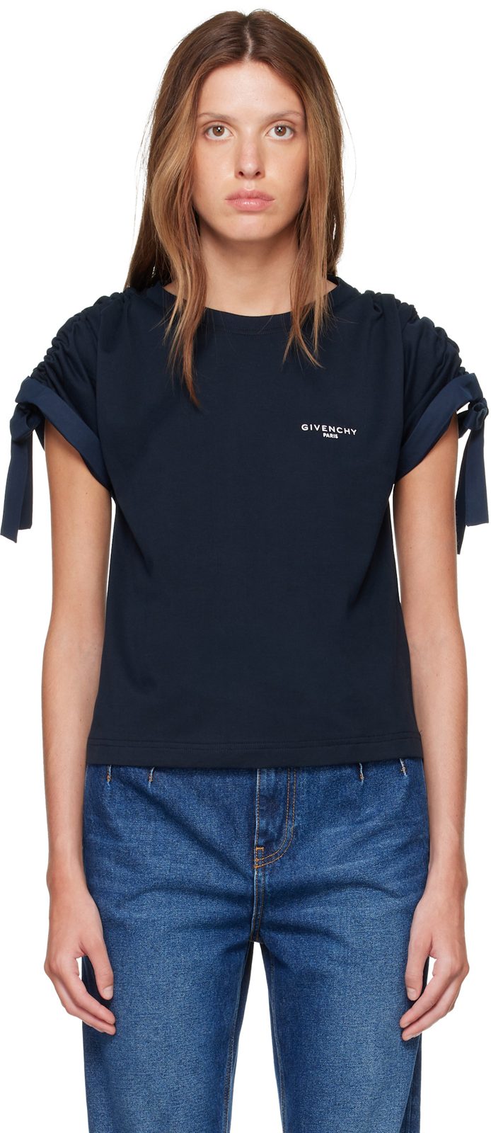 Navy Gathered Shoulder T-shirt 262278F110003