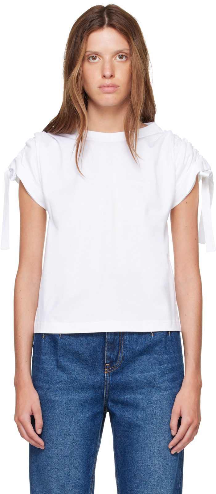 White Gathered Shoulder T-Shirt 262278F110004