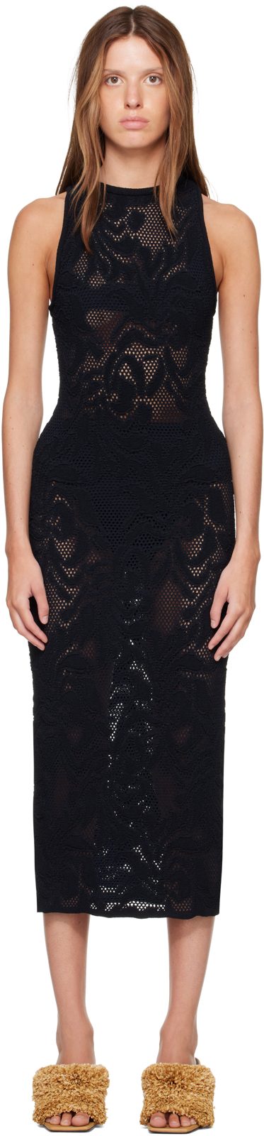 Black Knitted Floral Lace Midi Dress 262278F052003