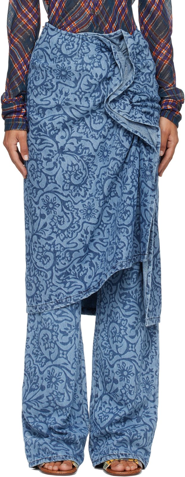 Blue Floral Denim Midi Skirt 262358F092000