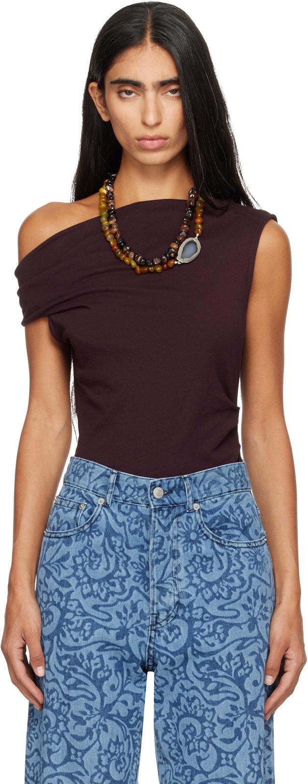 Burgundy Off-Shoulder Jersey Top 262358F107005