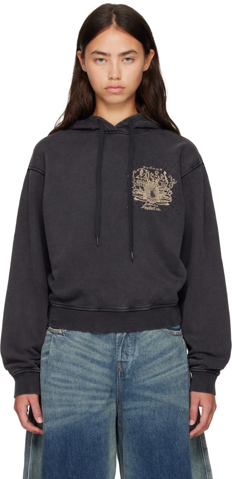Black Prints & Rhinestone Studs Hoodie 262001F097003