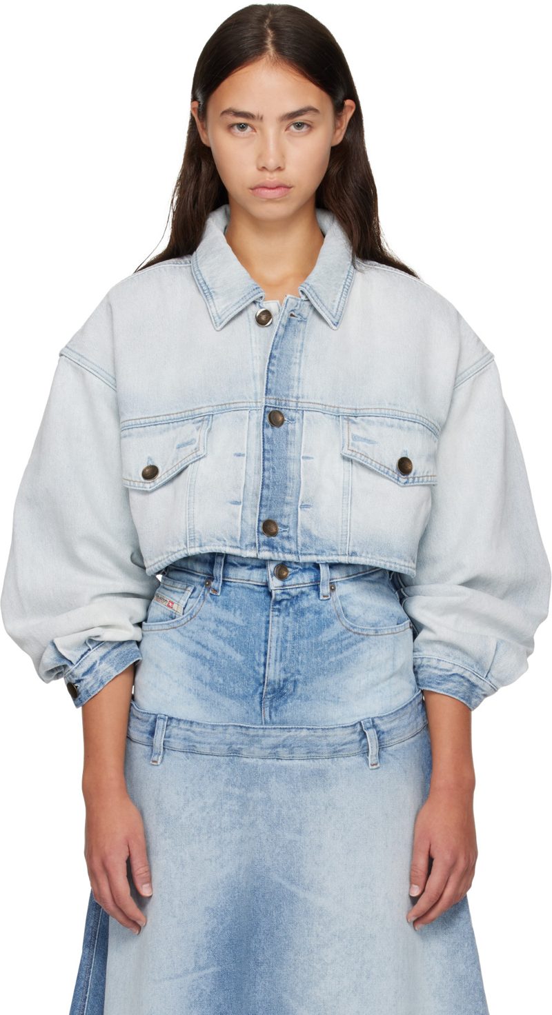 Blue Oversized Cropped Trucker Denim Jacket 262001F060005