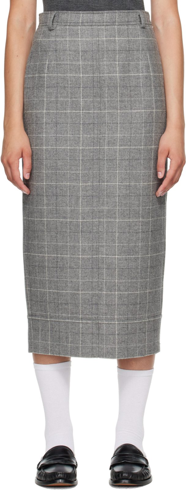 Gray High-Waisted Check Flannel Midi Skirt 262381F092001