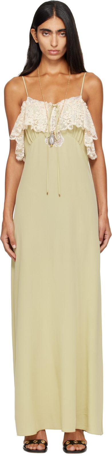 Chloe Green Crepe de Chine & Lace Thin-Strap Maxi Dress 262338F055002