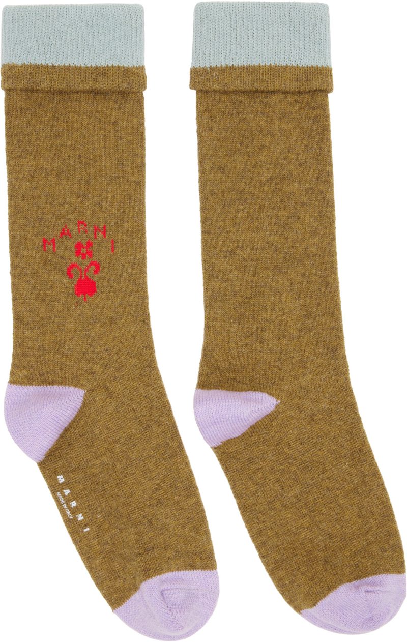 Marni Khaki Wool Flower Logo Socks 262379F076000