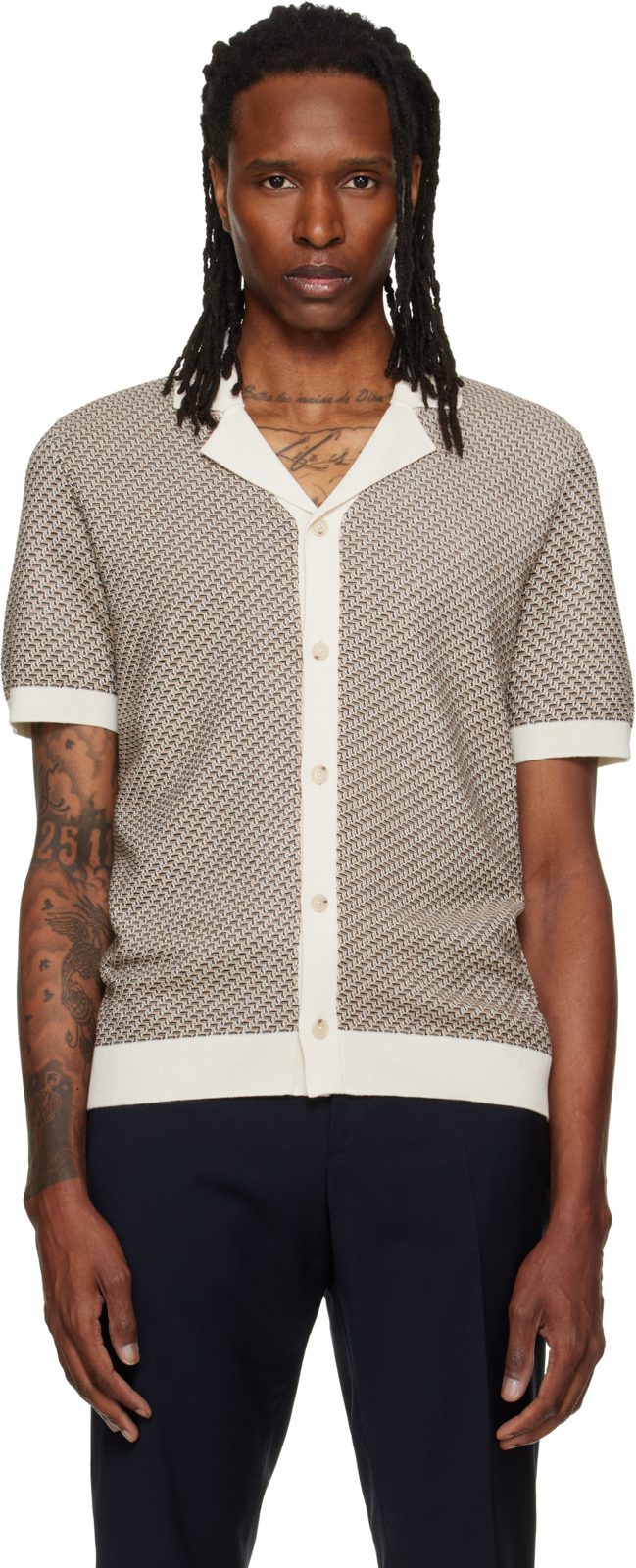 Tan Knit Short Sleeve Cardigan Shirt 262085M192022