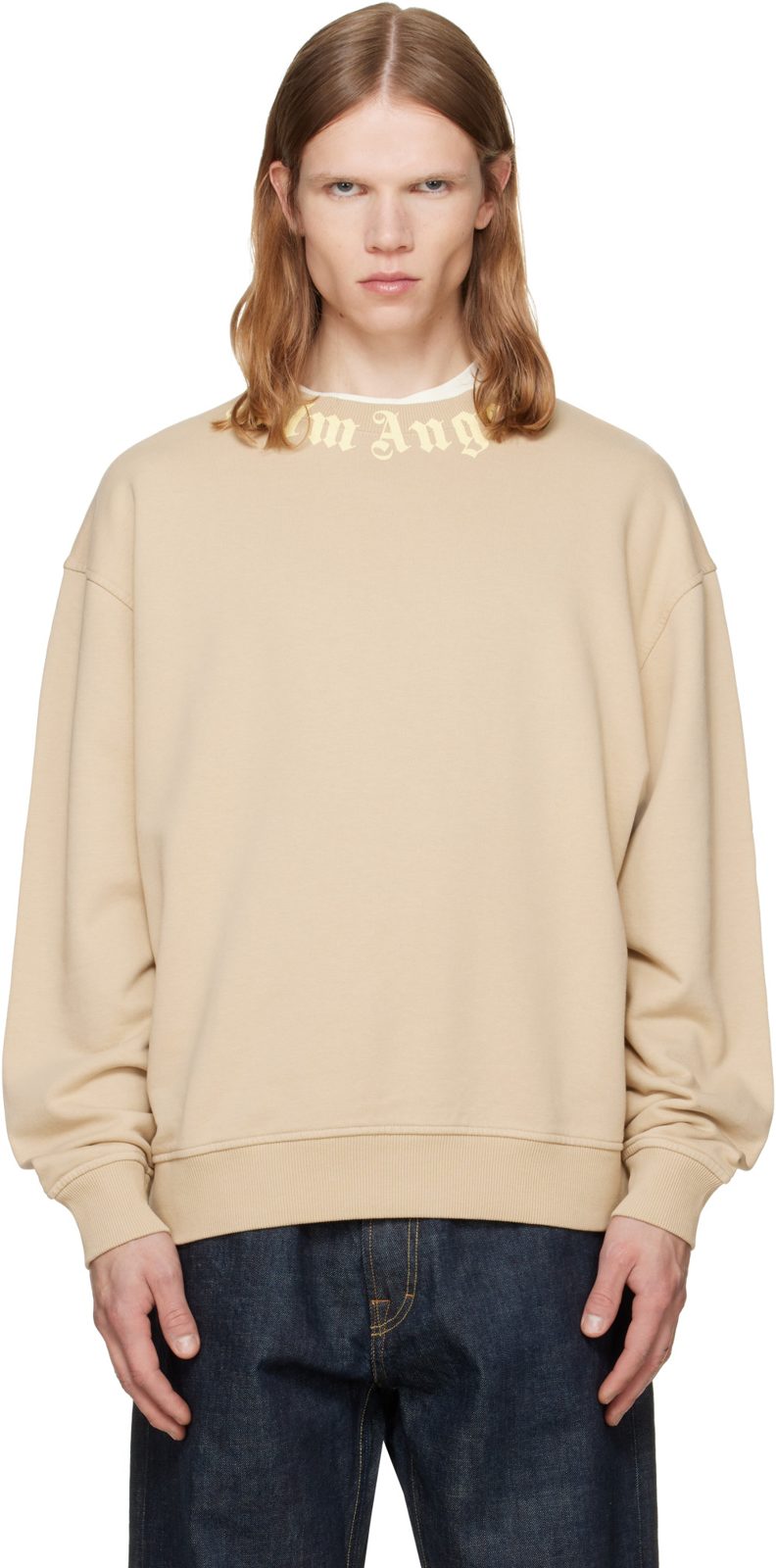 Beige Neck Logo Regular Crew Sweatshirt 262695M201003
