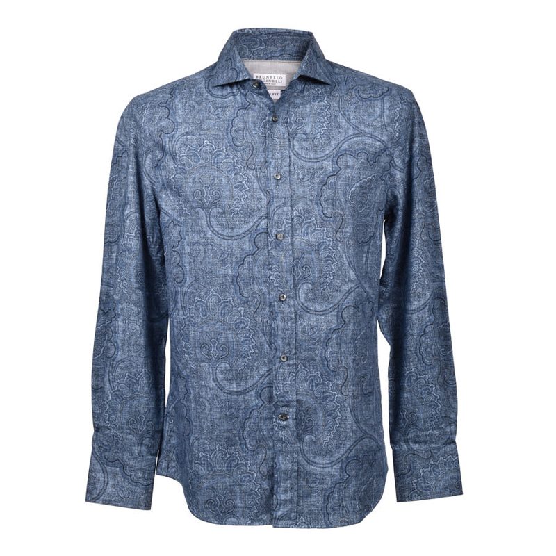 Brunello Cucinelli MenS Blue Paisley Denim-Style Shirt_Blue