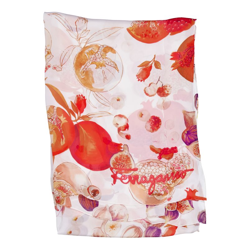 Pomegranate and Fig Print Silk Scarf_White
