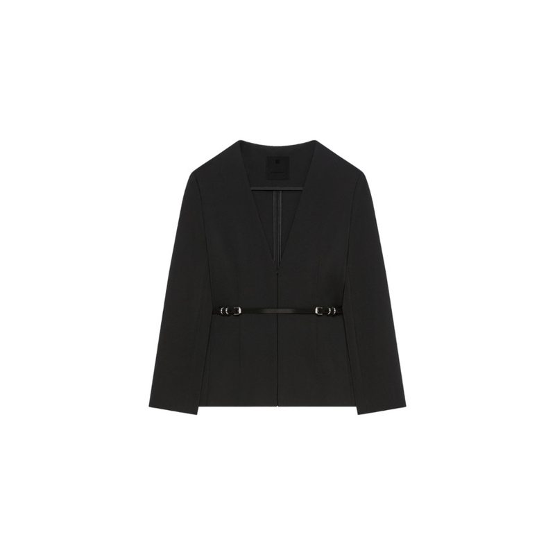 Voyou Belt Collarless Fitted Jacket Black_Black
