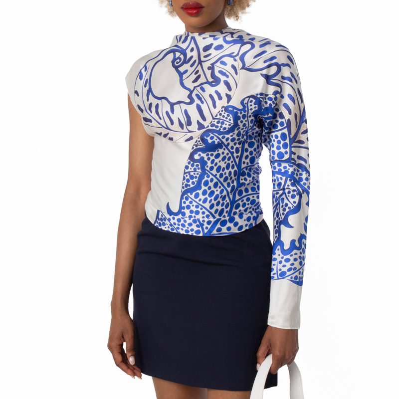 Womens Asymmetric Botanical Silk Top_Blue