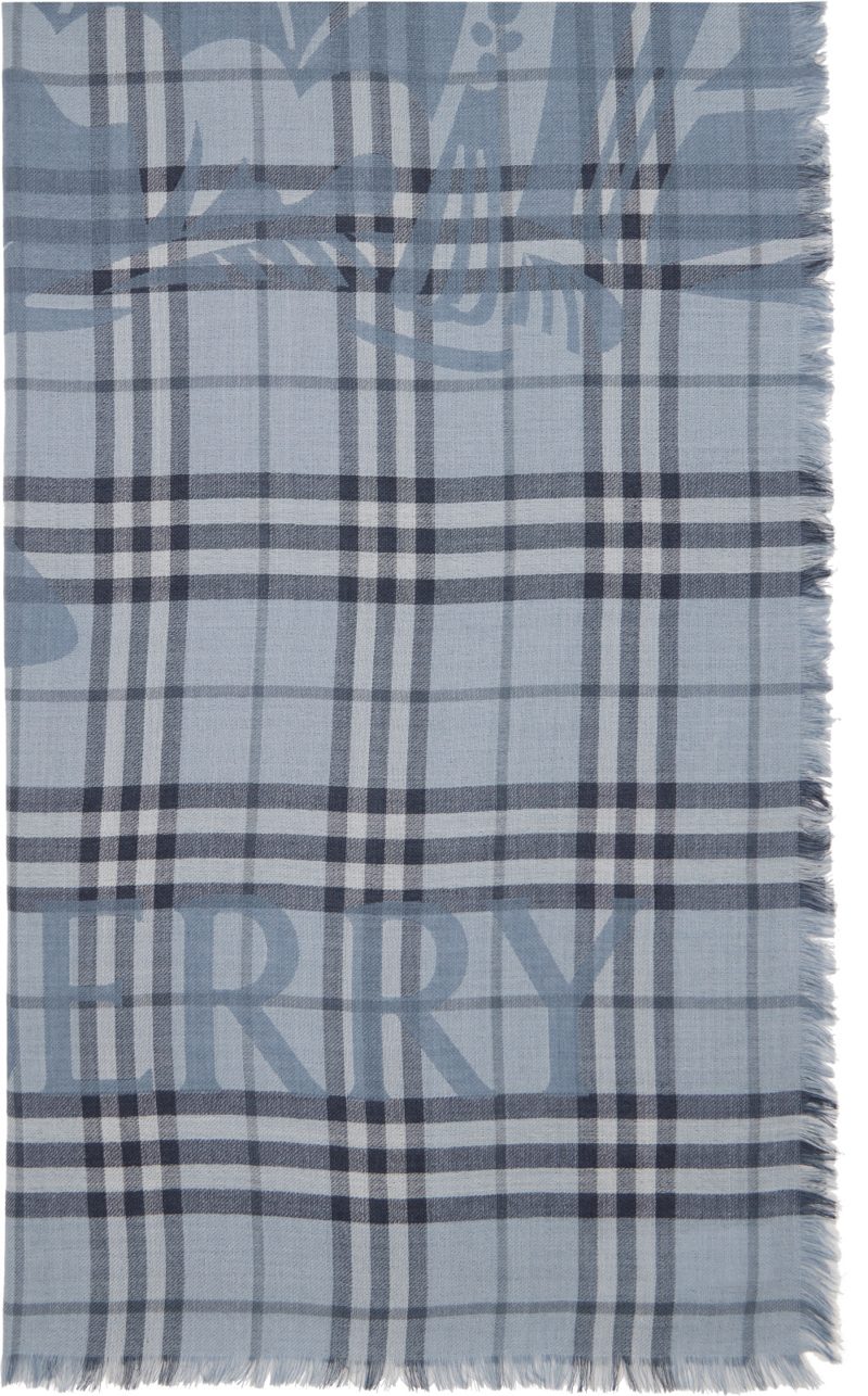 Blue Wide Knight Check Wool Silk Scarf 262376F028022