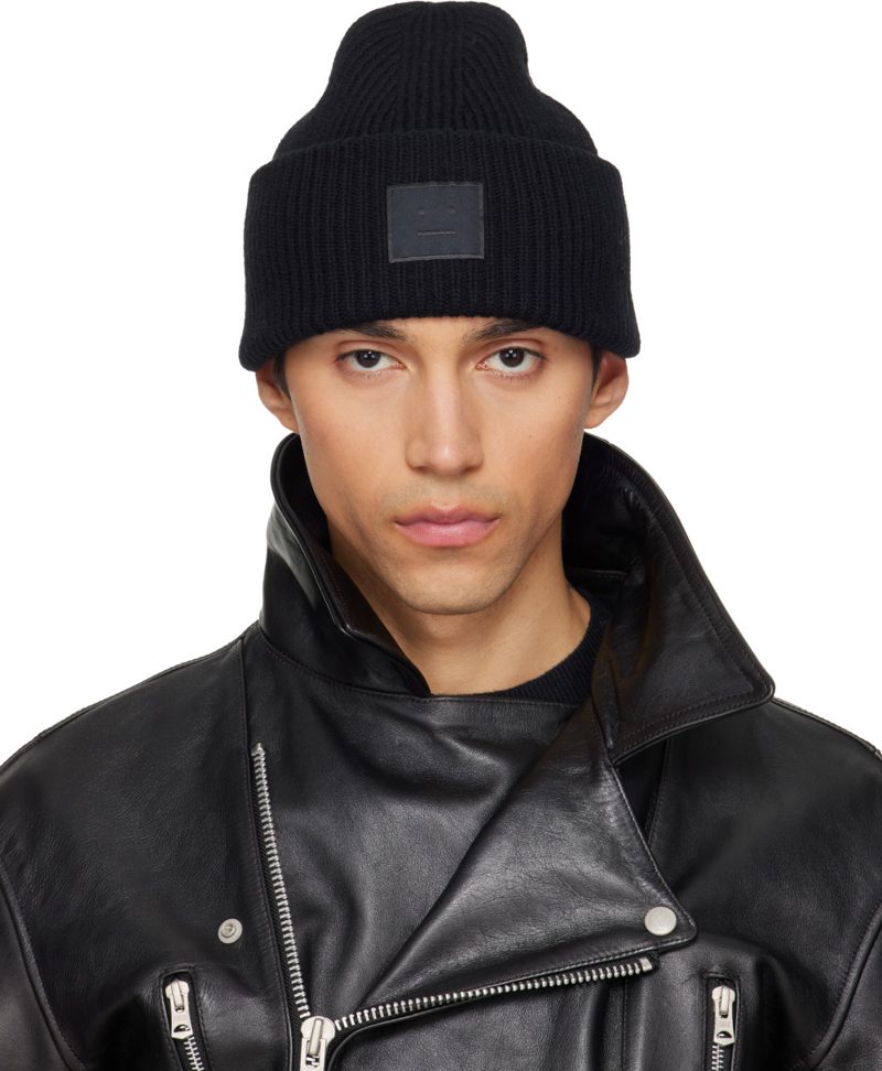 Black Wool Face Logo Beanie 261129M138006