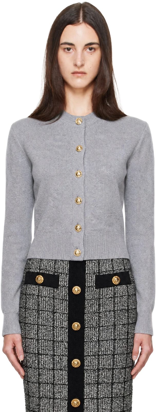 Gray Buttoned Round Collar Cashmere Cardigan 262251F095007