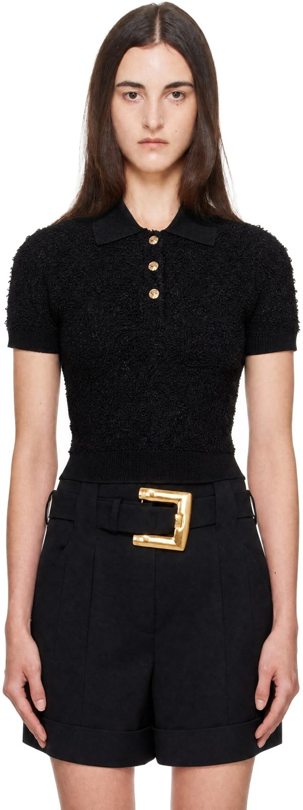 Black Short Sleeves Buttoned Tweed Knit Polo 262251F108002