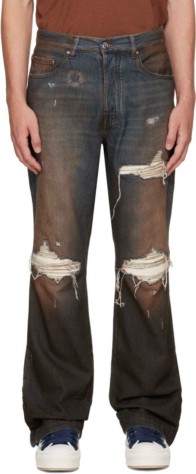 Blue & Brown Straight Flare MX1 Jeans 262886M186006