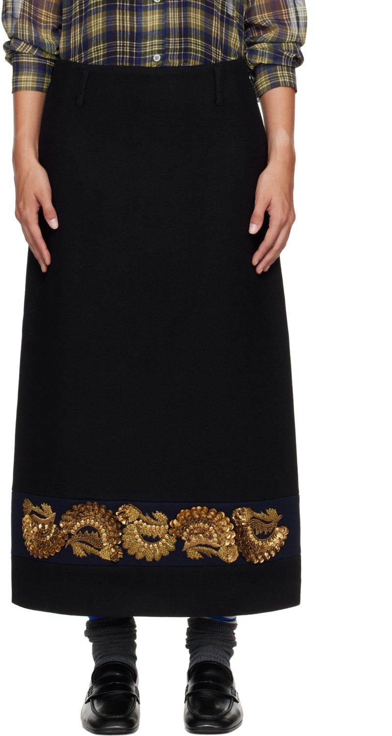 Black Embroidered Wool Maxi Skirt 262358F093008