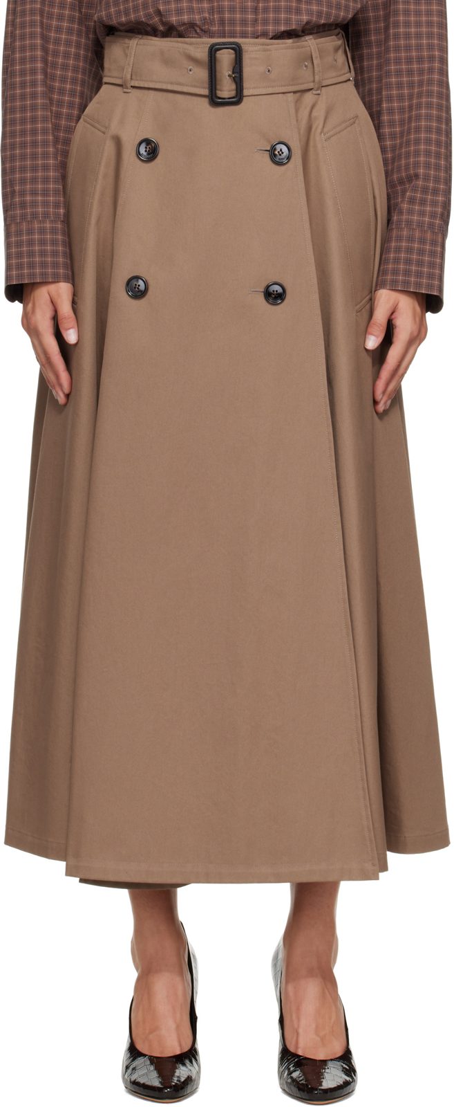 Brown Gabardine Trench Midi Skirt 262376F092003