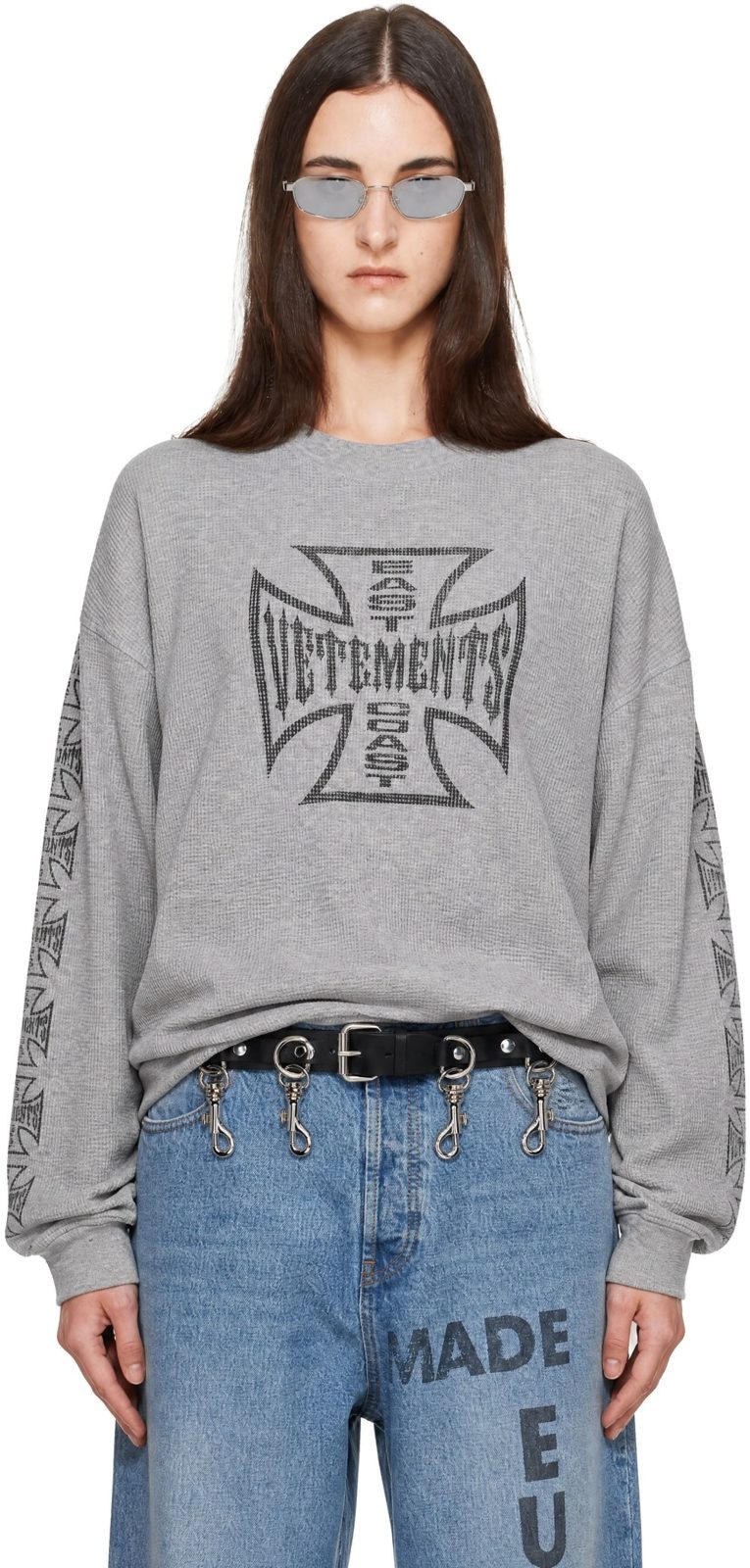 Gray Big Biker Cross Waffle Longsleeve T-shirt 262669F110000