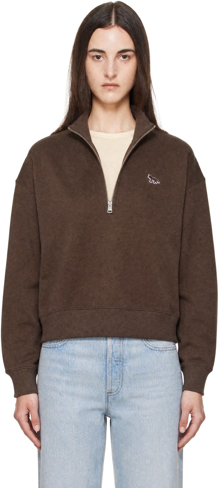 Maison Kitsune Brown Baby Fox Half Zip Sweatshirt 262389F098004