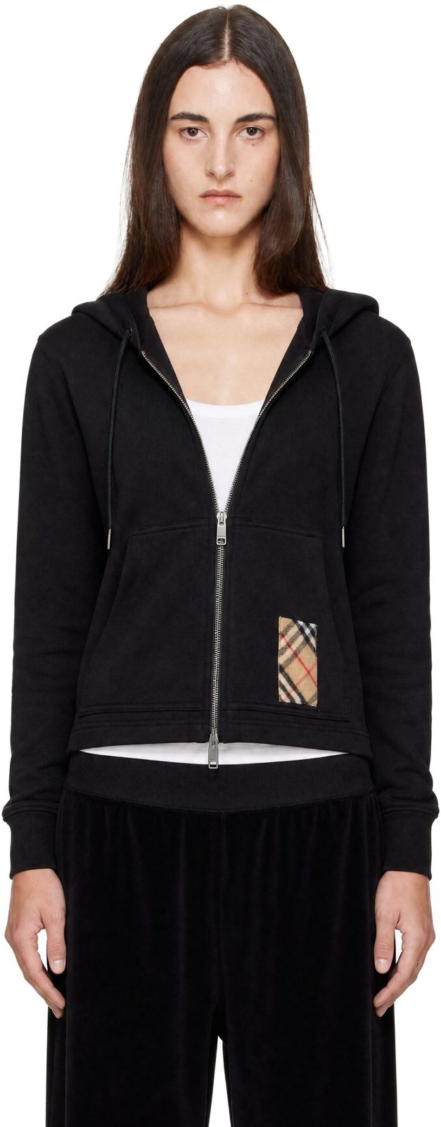Black Check Detail Zip-Up Hoodie 262376F097001