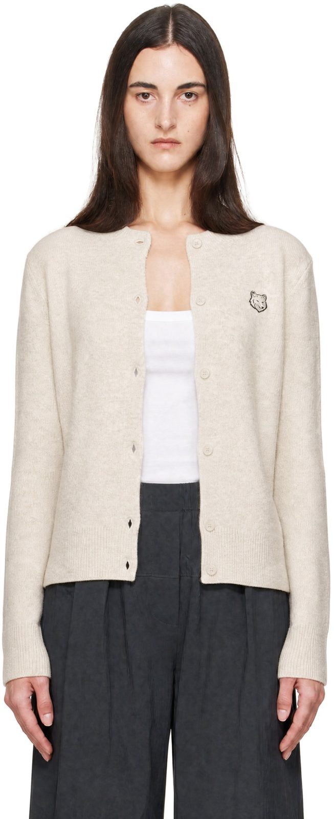 Maison Kitsune Beige Fox Head Lambswool High Neck Cardigan 262389F095008