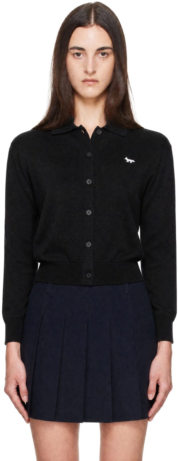 Maison Kitsune Black Profile Fox Merino Relaxed Polo Cardigan 262389F095011
