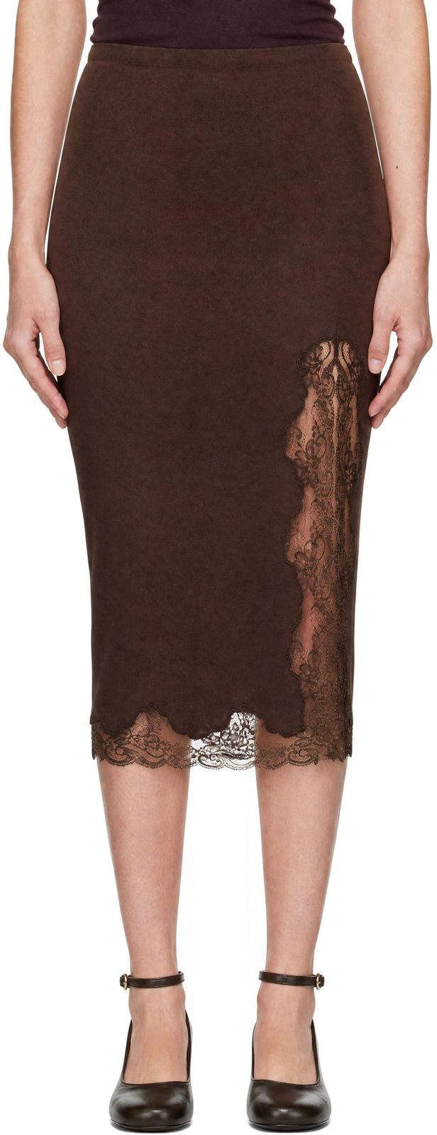 Brown Knit Slit Midi Skirt 262251F092006