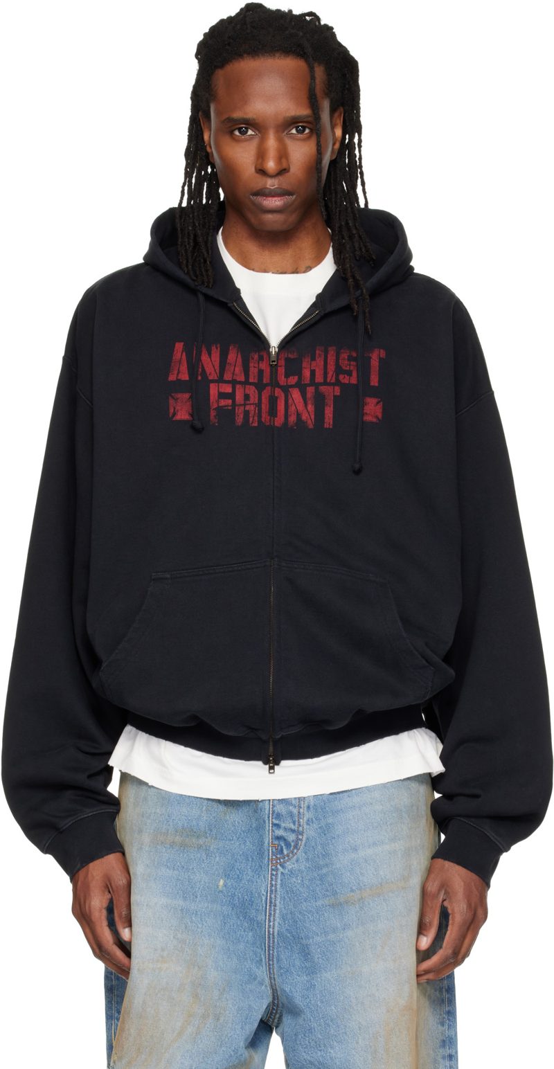 Black Zip Up Anarchist Front Hoodie 262669M202007
