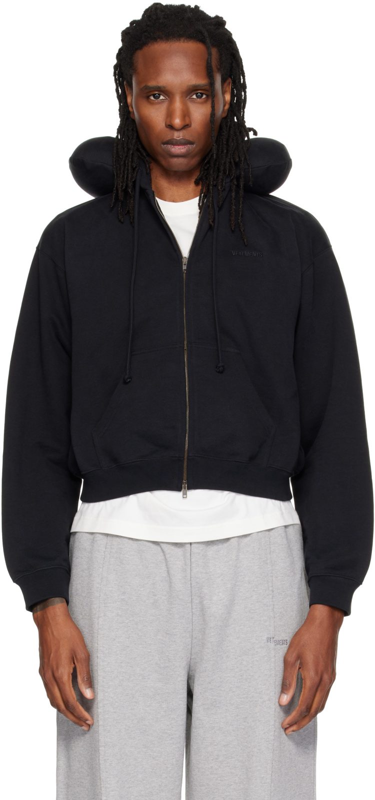 Black Neck Pillow Fitted Zip Up Hoodie 262669M202026