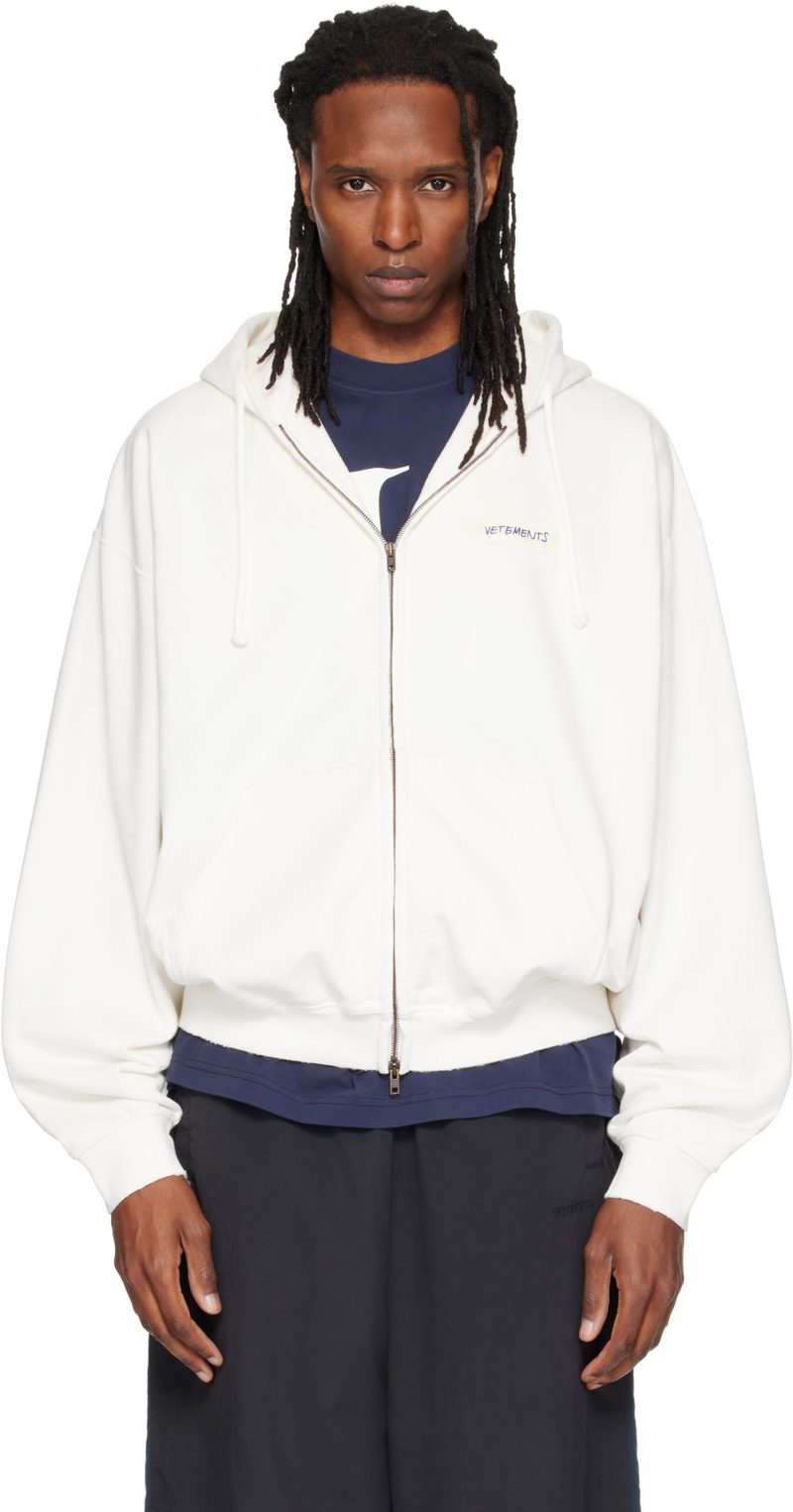 White Scribbled Logo Zip Up Hoodie 262669M202032